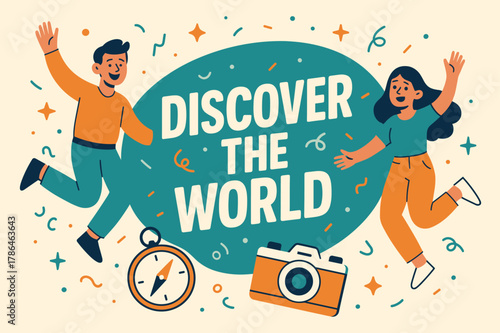 Explore the World. Discover the world banner, flat vector illustration, bold oversized text inside rounded blob, cartoon characters jumping and waving, compass