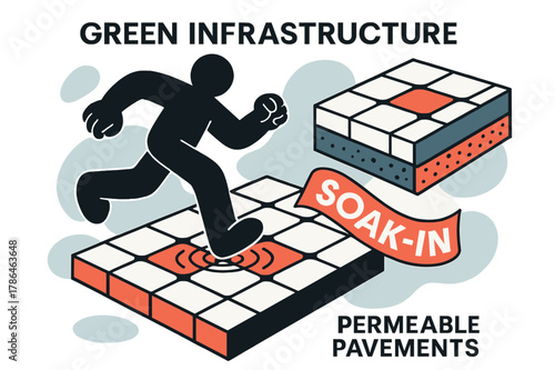 Permeable Pavement Ripple. Green infrastructure ? Permeable pavements. Footsteps create ripple lines as water vanishes between tiles; a cross-section floats to