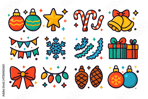 Christmas Celebration Icons. Christmas celebration. Colorful isometric vector icons set of Christmas celebration: baubles, star topper, candy canes, bells,