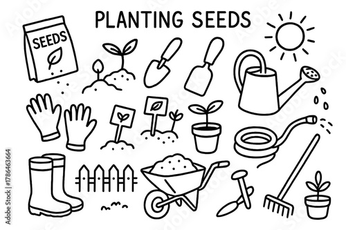 Garden Planting Doodles. Planting Seeds. Hand-drawn doodle illustration Planting Seeds seeds, seedlings, trowel, shovel, watering can, gloves, garden soil,