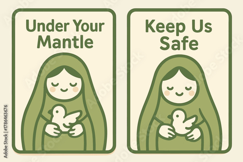 Gentle Protector Banners. Gentle Protector. Two vertical A6 banners with safe margins, centered composition, no elements touching edges, kawaii, olive green