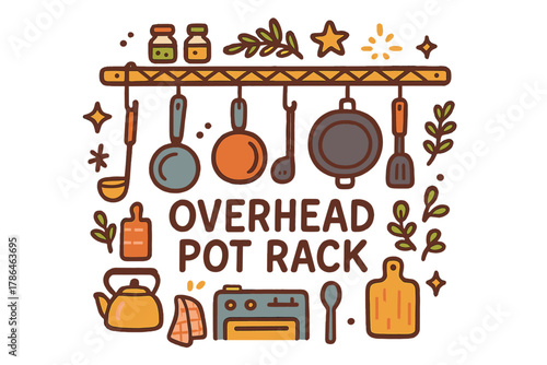 Colorful Kitchen Doodles. Overhead pot rack. Hand-drawn doodle illustration of overhead pot rack. Hanging rack