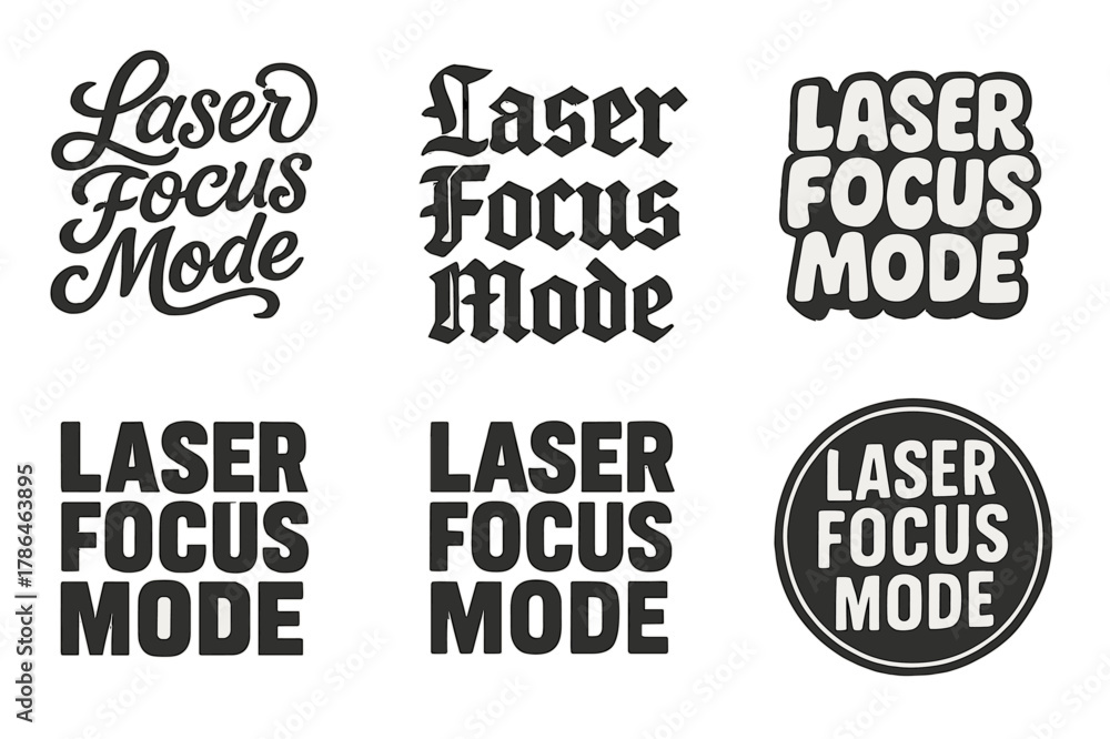 Fototapeta premium Diverse Lettering Styles. Laser Focus Mode. Set lettering. harmonious lettering variations of the same emblematic concept, each with different artistic