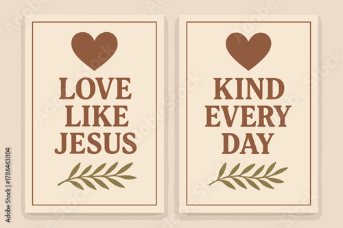Love and Kindness Banners. Love in Action. Two vertical A6 banners with safe margins, centered composition, no elements touching edges, retro, cocoa and blush,