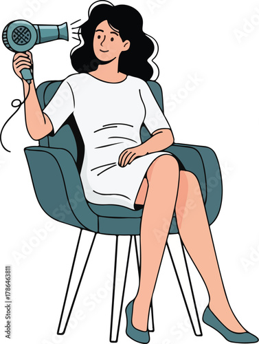 Happy Woman Drying Her Hair with a Hair Dryer While Sitting in a Modern Chair