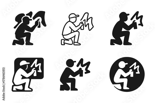 Street Artist Logos. Street artist working on artwork. Set Logo of Street artist working on artwork: silhouette painting graffiti tag. Icon set. harmonious