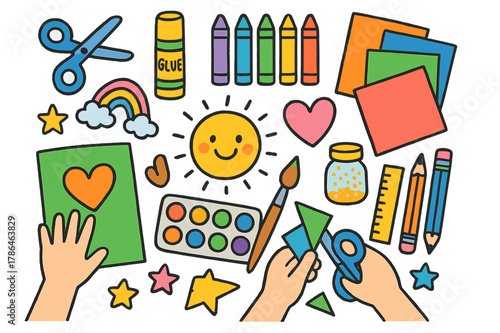 Colorful Crafting Time. Arts and crafts time. Colorful Hand-drawn doodle Children illustration Arts and crafts time scissors, glue stick, crayons, colored