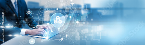 Photos Developer analyzing blockchain transactions on laptop, decentralized ledger system, cryptocurrency data, and secure digital network