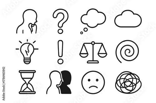 Self-Reflection Icons. Self-reflection. Line icon set of self-reflection: person thinking, question mark, thought bubble, cloud, broken light bulb, exclamation