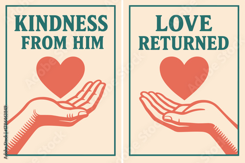 Kindness and Love Banners. Compassion. Two vertical A6 banners with safe margins, centered composition, no elements touching edges, retro, coral and teal, open