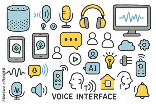 Smart Device Doodles. Voice interface. Hand-drawn doodle illustration smart speaker (colored), microphone (colored), headphones (colored), smartphone