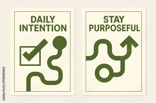 Purposeful Intention Banners. Daily intention. Two vertical A6 banners with safe margins, centered composition, no elements touching edges, geometric, olive