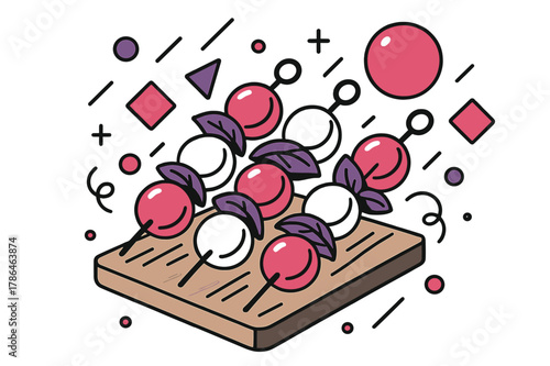 Vibrant Caprese Skewers. Caprese Skewers. Caprese skewers on a wooden board with floating abstract geometric shapes and soft glowing accents, vibrant and