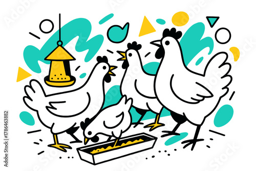 Geometric Poultry Farm. Poultry Farm. Chickens clustered near feeding troughs with floating abstract geometric shapes, lively and energetic farm scene. Modern