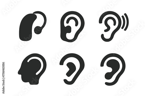 Hearing Aid Icons Grid. Audience Accessibility. Set Logo of Hearing Aid Icon: Filled silhouette, Abstract geometric, Negative space, Flat solid, Stylized