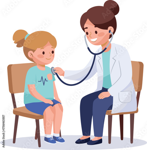 Smiling female doctor using stethoscope to check young girl heartbeat during pediatric medical examination in healthcare clinic