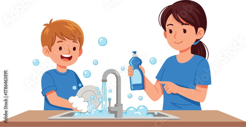 Mother teaching her son to wash dishes together with soap and water in kitchen sink cleaning activity illustration