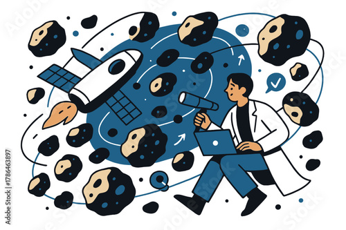 Spacecraft in Asteroid Belt. Asteroid belt studies. Spacecraft navigating through asteroid belt with abstract floating orbit lines and asteroids; emphasizes