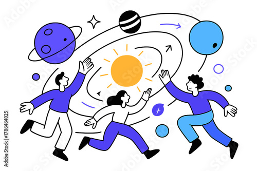 Cosmic Gravity Dance. The role of gravity in space and astrophysics. Planets orbiting a glowing star with