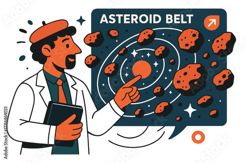 Celestial Mapping Adventure. Asteroid belt studies. Astronomer pointing at asteroid belt map with abstract floating asteroids, orbit paths, and sparkles;