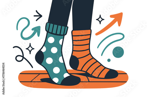 Colorful Mismatched Socks. Socks. Person wearing mismatched colorful socks standing on wooden floor with abstract floating lines, arrows, and sparkles; conveys