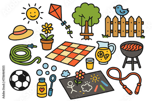 Backyard Playtime Fun. Backyard playtime. Colorful Hand-drawn doodle Children illustration Backyard playtime picnic blanket, soccer ball, bubbles wand, jump