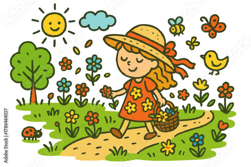 Meadow Stroll Illustration. meadow stroll. Colorful Hand-drawn doodle Children illustration meadow stroll girl, basket, flowers, grass, sun, butterfly, tree,