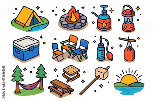Riverside Camping Icons. Riverside campsite. Colorful isometric vector icons set of Riverside campsite: riverside tent, campfire ring, backpacking stove,