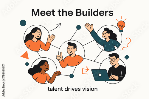 Meet the Builders. Pitch Deck ? Team Introduction. Portrait circles line up under a heading ?Meet the Builders?; connecting lines form a collaborative network.