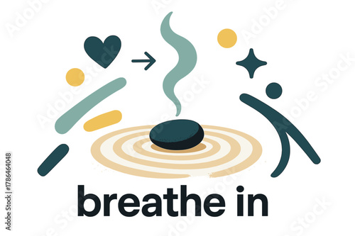 Pebble Meditation Focus. Pebble ? Meditation Focus. A single pebble rests at the center of soft sand spirals; incense smoke curves upward. Caption ?breathe