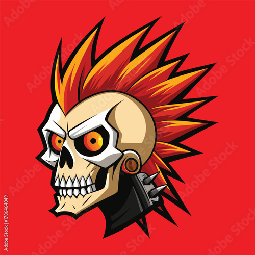 Aggressive skull with fiery mohawk and spikes on a red background
