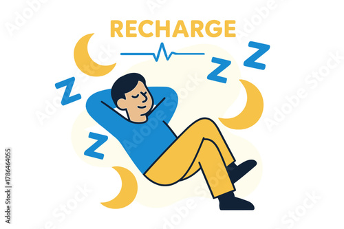 Recharge in Stillness. Better Sleep & Recovery. A calm figure rests as floating moon icons and gentle Z-shapes overlap. ?Recharge? glows softly above a