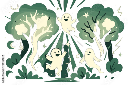 Mystical Grove Glow. Mystical grove. Glowing trees with twisting branches, whimsical floating creatures,