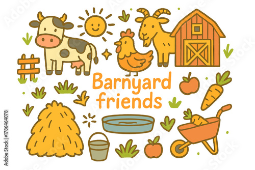 Barnyard Doodle Delight. Barnyard friends. Hand-drawn doodle illustration of barnyard friends. Cow, goat,