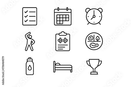 Fitness Routine Icons. Fitness Routine. Line icon set of Fitness Routine: checklist, calendar, alarm clock, warm-up, workout plan, nutrition plate, hydration