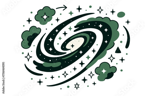 Cosmic Spiral Artistry. Galaxy formation. Clouds of glowing gas and stars spiraling under gravitational pull,