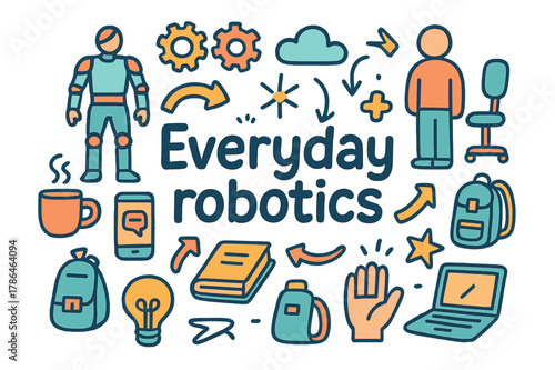 Everyday Robotics Doodle. Everyday robotics. Hand-drawn doodle illustration of everyday robotics. Exoskeleton,