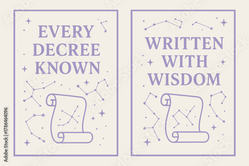 Lavender Constellation Banners. Fate & Decree. Two vertical A6 banners with safe margins, centered composition, no elements touching edges, modern, lavender