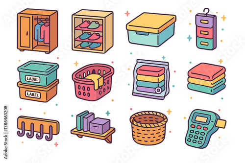 Colorful Storage Icons. Home organization storage. Colorful isometric vector icons set of Home organization storage: wardrobe, shoe rack, under-bed box,
