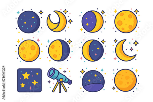 Colorful Celestial Icons. Celestial phases. Colorful isometric vector icons set of celestial phases: new moon, waxing crescent, first quarter, waxing gibbous,