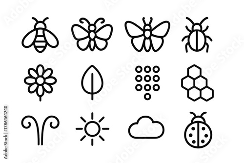 Insect Pollinator Icons. Insect pollinators. Line outline icon set of insect pollinators: bee, butterfly, moth