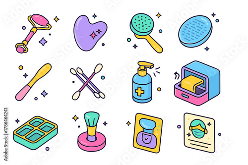 Colorful Skincare Tool Icons. Clean skincare tools. Colorful isometric vector icons set of Clean skincare tools: facial roller, gua sha stone, cleansing brush,