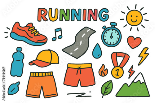 Running Essentials Doodle. Running. Colorful Hand-drawn doodle Children illustration Running sneakers, stopwatch, road, water bottle, cap, shorts, music note,