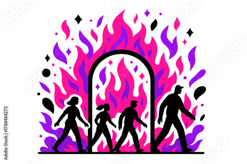 Silhouettes at Fiery Gates. Figures Walking Towards Fiery Gates. Figures silhouetted against a massive gate of fire with floating abstract geometric flames and
