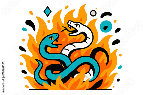 Fiery Serpents Dance. Writhing Serpents in Fire. Fiery snakes twisting around each other with floating abstract geometric shapes and glowing embers, dramatic