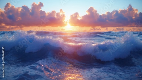 Illustration of high waves. Blue sea with strong waves close-up