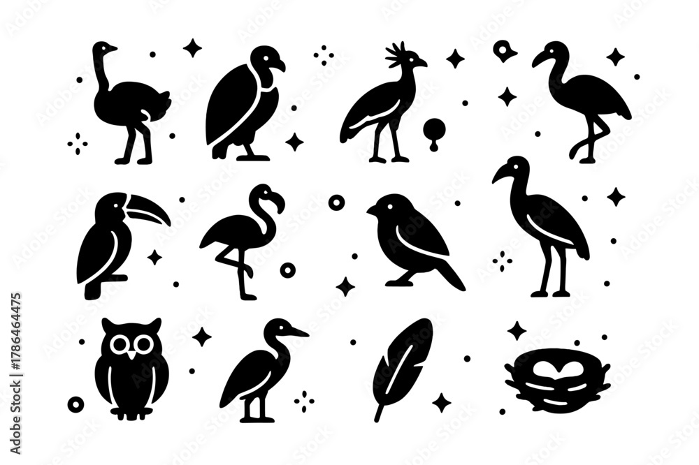 Naklejka premium Savanna Bird Icon Set. Savanna Birds. Solid icons set of Savanna Birds: ostrich, vulture, secretary bird, crowned crane, hornbill, flamingo, weaver bird,