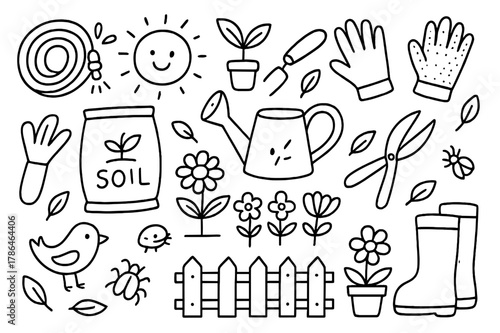 Backyard Plant Care Icons. Backyard plant care. Hand-drawn doodle illustration backyard plant care hose, watering can, trowel, pruning shears, gloves, soil
