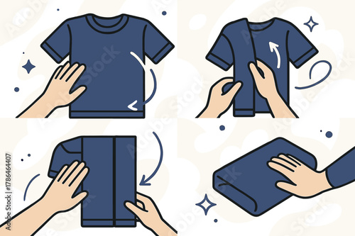 Shirt Folding Tutorial. Folding technique demo. Hands folding a shirt step-by-step; motion arrows show method