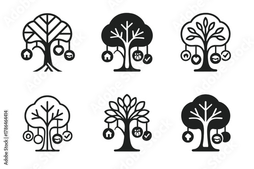 Family Vision Tree Logos. Creating a family vision board. Icon set. Set Logo of creating a family vision board: tree of dreams with hanging goal icons.